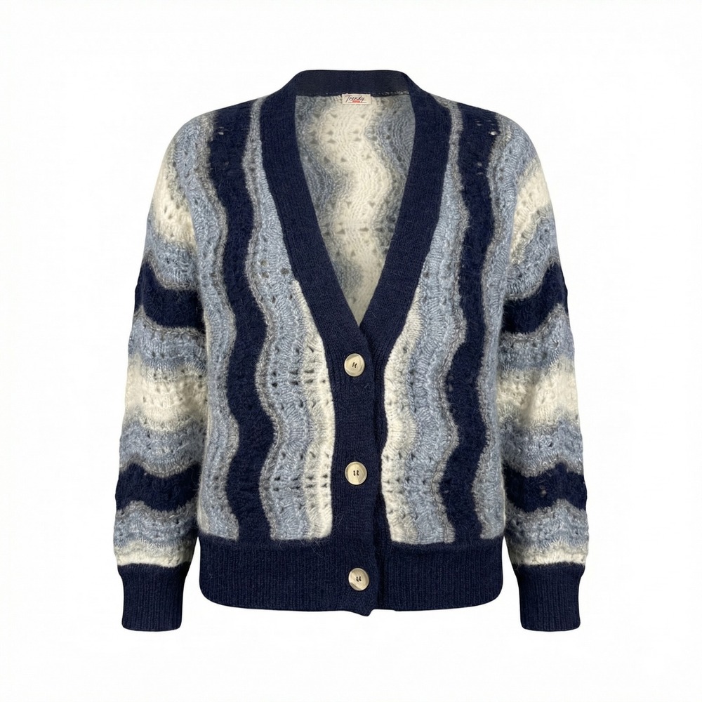 Faherty‎ Cardigan Mens Large Blue Wavy Crochet Baby Alpaca Coogi style Sweater